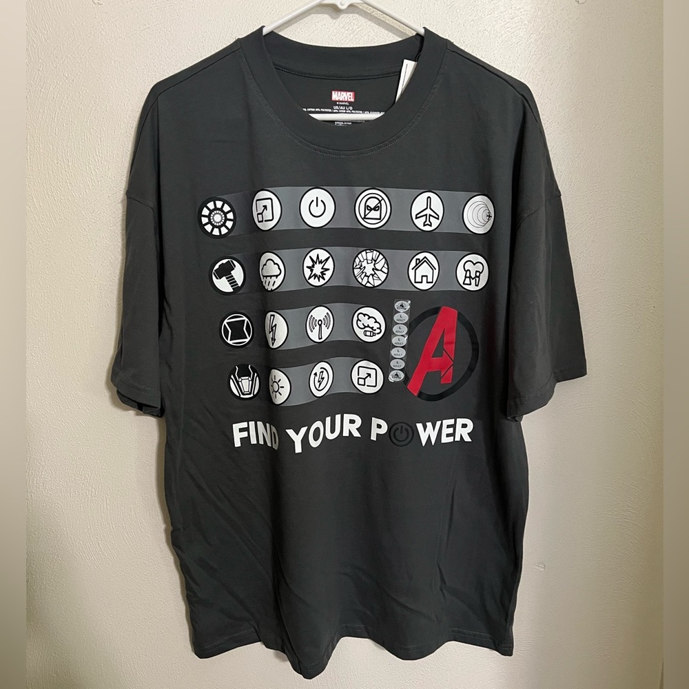DISNEY Marvel Classic‎ Find Your Power Superhero T Shirt Grey Black Red Men's L